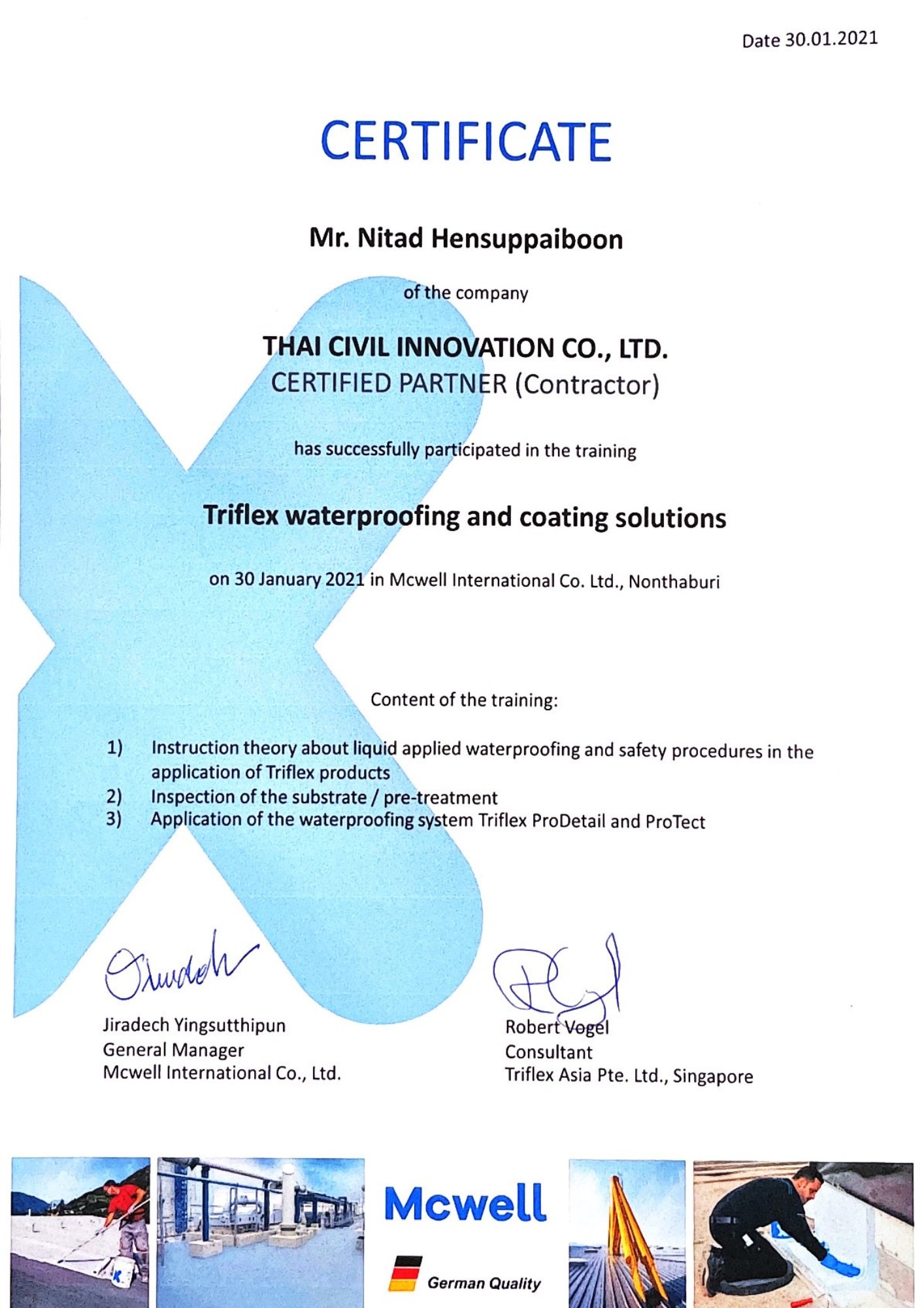 ใบรับรอง Certified Applicator จาก Triflex GmbH & Co. KG